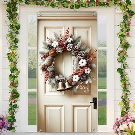 BlissYard Natural Pinecone Christmas Wreath with Bells 71x35Inch Rustic Winter Door Decoration with Cotton, Berries, Frosted Greenery for Front Porch, Indoor Outdoor Holiday Wall Decor