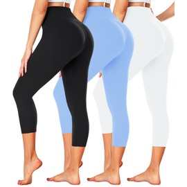 FULLSOFT 3 Pack Capri Leggings for Women - High Waisted Tummy Control Black Workout Yoga Pants for Summer,Sports (3 Pack Capri Black, Light Blue, White,Large-X-Large)