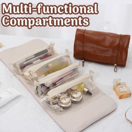 Bailanteバイランデ Large Capacity Travel Makeup Bag for Women, Pu Leather Cosmetic Bag with Handle and Divider, Flat Lay Waterproof Makeup Case Organizer Portable Toiletry Bag for Girls - Brown