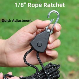 LSDWL 2Pcs Rope Ratchet,1/8" Adjustable Rope Hanger,Outdoor Tie Down Straps,Retractable Ratchet Straps with Reinforced Metal Parts Inside,Reflective Effect,Pulley System for Hanging Grow Light