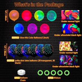 109 Pack UV Neon Balloons Light Up Balloons Glow in The Dark Balloons Blacklight Reactive Fluorescent Polka Dot Latex Balloons Neon Party Supplies Black Lights For Glow Party Balloons Assorted Colors