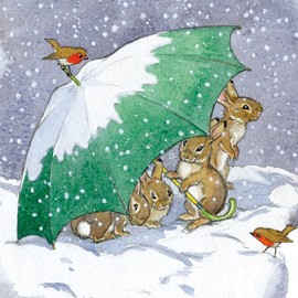 Museums and Galleries Christmas Cards Pack of 8 - Christmas Cards with Rabbits Sheltering Under Umbrella Design - Eco-Friendly Xmas Cards Multipack with Envelopes