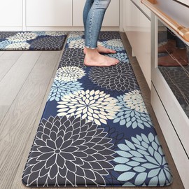 Anti Fatigue Kitchen Mats,Non Slip Farmhouse Kitchen Rugs Sets 2 Piece,Waterproof Floral Kitchen Mat for Floor,Cushioned Standing Mat for Kitchen,Laundry,Sink,Desk,Mutil-Blue