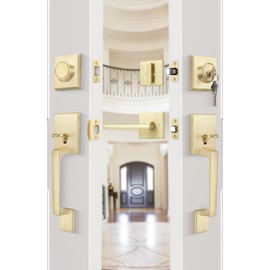 goldenwarm Double Front Door Lock Set, Gold Double Front Door Handle with Dummy, Square Exterior Door Lever with Reversible Lever, Single Cylinder Deadbolt Combo