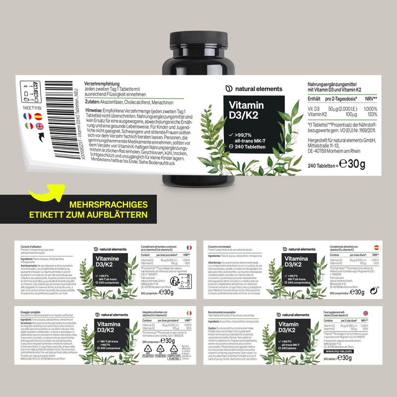 natural elements Vitamin D3 + K2 - > 99.7% all-trans