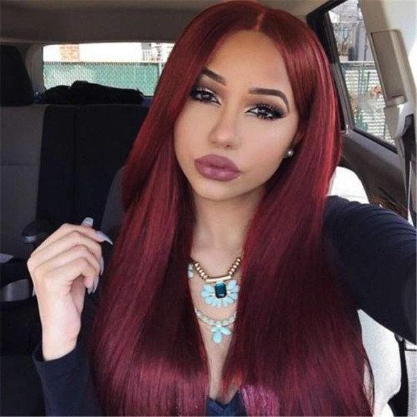 Elesty Wine Red Synthetic Lace Front Wigs Burgundy Synthetic Wigs for Women Long Straight Lace Wig Heat Resistant 24 Inch