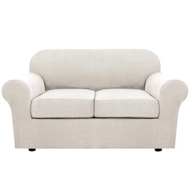 H.VERSAILTEX 3 Piece Stretch Sofa Covers for 2 Cushion Loveseat Couch Covers for Living Room Sofa Slipcovers (Base Cover Plus 2 Seat Cushion Covers) Thicker Jacquard Fabric(Medium Sofa, Ivory)