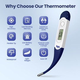 Femometer Digital Thermometer, Oral Thermometer for Adults and Kids with Flexible Tip, Accurate Readings, Oral Rectal Underarm Thermometer with Celsius/Fahrenheit