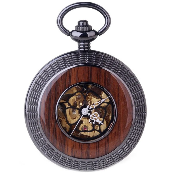 Men's Pocket Watch Mechanical Hand-Wind Steampunk Wood Grain Hollow Classic