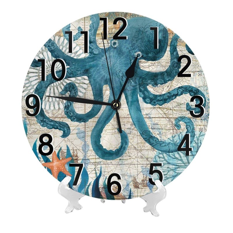 Abucaky Blue Octopus Nautical Map Wall Clock Battery Operated Silent