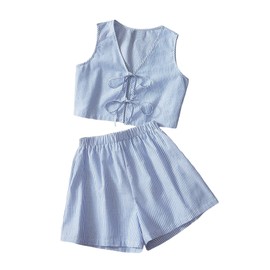 Verdusa Women's 2 Piece Striped Outfit Bow Tie Crop Tank Tops with Shorts Set Blue and White Small