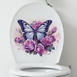 Bonfage Beautiful Rose Butterfly Flower Toilet Cover Sticker Decals,Fish Bird Flower Leaf Waterproof Toilet Lid Tank Seat Decals Cistern Self-Adhesive Bathroom Wall Sticker, White
