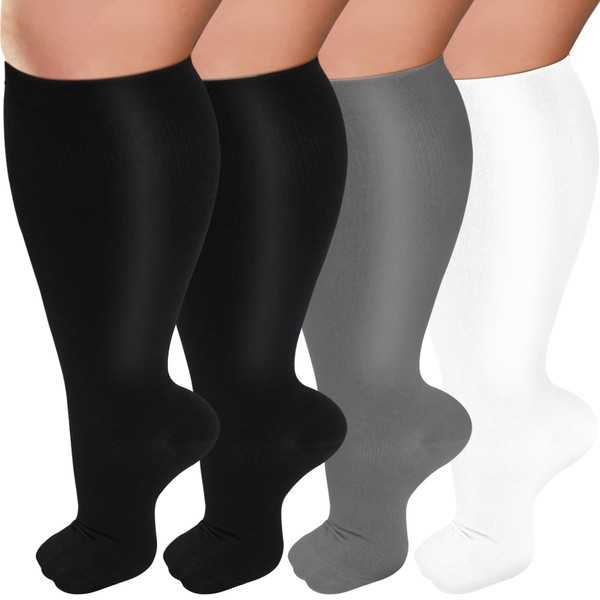 Iseasoo - Calcetines de compresión de talla grande para mujeres y hombres, de pantorrilla ancha de 20 a 30 mmhg, calcetines de apoyo extra grandes para enfermeras, circulación (4XL)