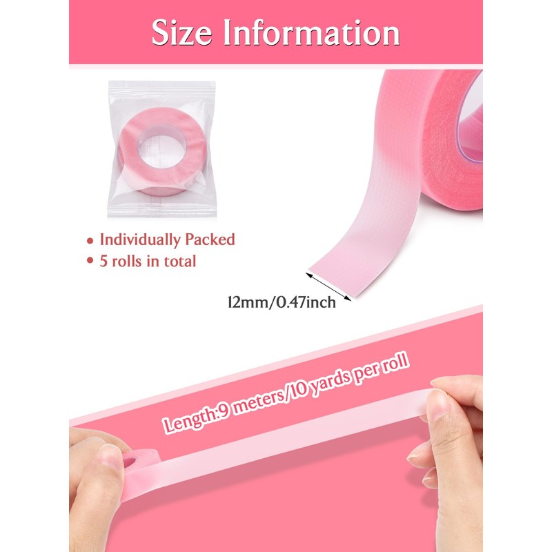 TEOYALL PE Lash Tapes, 5 Rolls Adhesive Micropore Breathable Pink