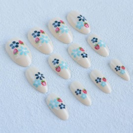 Nude Press on Nails Almond Medium Length Fake Nails Cute Style with Strawberry and Flowers Design, Full Cover Nude False Nails Acrylic Stick on Nails for Women and Girls Nail Decoration 24Pcs