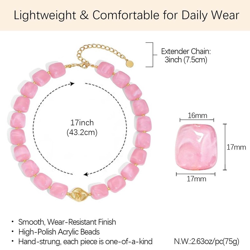 Hanfluenve Chunky Beaded Necklace for Women Boho Pink Acrylic Choker