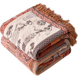 Phuryllic Boho Throw Blanket Full Size, Extra Large Soft Cozy Cotton Muslin Quilt Blanket for Bed Decor, Patchwork Block Couch Sofa Chair Cover, Vintage Farmhouse Cottage Woven Blanket, Red&Orange