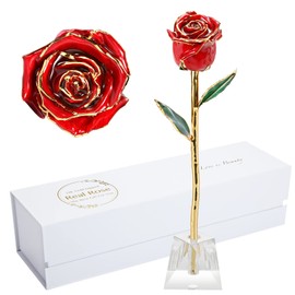 MAXSPT Mom Gifts Gold Rose,Gold Dipped Rose Made from Real Rose Gifts for her and Best Gifts for Mother Gold Roses (Red Original Rose with Crystal Stand)