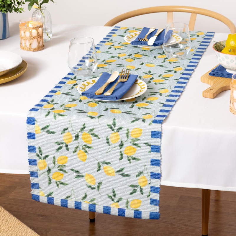 furn. Lemons Table Runner – Washable Striped Mediterranean Fruits Quick