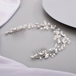Lenjicons Wedding Rhinestone Hair Comb Luxury Pearl Rhinestone Headband Hair Comb Elegant Bridal Hair Accessory Handmade Pearls Crystal Wedding Headpiece for Women (silver)