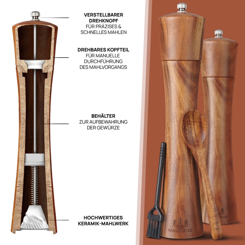 WALDLAND® Wooden Salt and Pepper Mill with Saucer Large (21