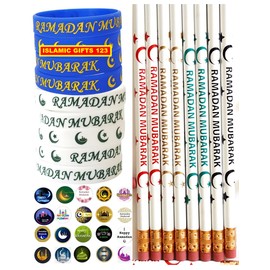 Islamic Gifts 123 Ramadan Mubarak[49 Pcs] Happy Ramadan Favors Ramadan Pencils Wristband Stickers Pack(200) رمضان Muslim Kids Ramadan Iftar (49 Pcs)