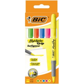 BIC BIC Highlighter Grip, Textmarker, 5er Pack, in 5 verschiedenen Farben, mit Keilspitze, Strichstärke: 1.6 bis 3.3 mm, mit Austrocknungsschutz