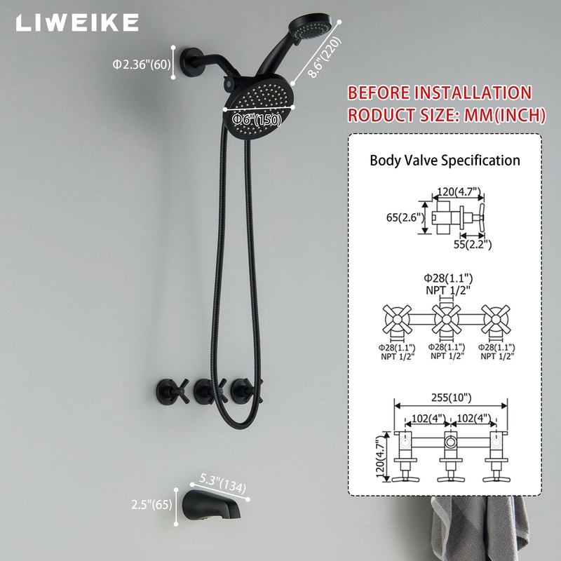 LIWEIKE 3 Handle Tub Shower Faucet, Matte Black Three Handles