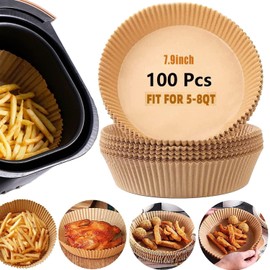 100pcs Air Fryer Disposable 7.9" Round Paper Liner - Fit 5-8qt | Non-Stick Reusable Waterproof Oil Grease Proof Food Grade Nature-Friendly Parchment Baking Paper