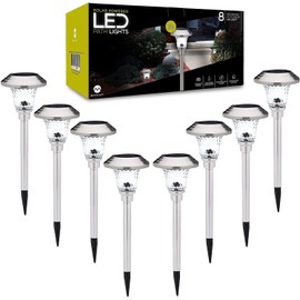 Morvat LED Solar Powered Outdoor Landscape Path Lights with Stainless Steel & Glass Lens, Up to 8 Hours Lighting for Garden Lawn Yard Walkway & Pathway, Waterproof, Dusk to Dawn, White Light, 8 Pack