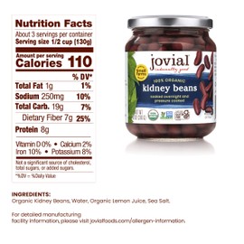 Jovial 100% Organic Kidney Beans - Kidney Beans, Organic Kidney Beans, No Saturated Fat, Gluten Free, Recyclable Glass, Great Source of Fiber, No Additives or Preservatives, Product of Italy - 13 Oz