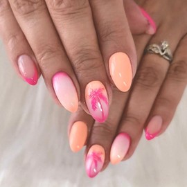 Summer Press on Nails Short Round with Coconut Tree Gradient Designs Rose Red French Tip Glue on Nails Rose Red and Orange False Nails Summer Artificial Stick on Nails for Women 24Pcs