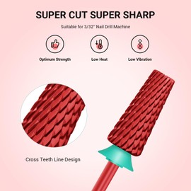 MelodySusie Super Cut Edition 5 in 1 Nail Drill Bits, 3/32'' Carbide Tungsten Multi-function Bits, Suitable for Manicure Pedicure Cuticle Gel Polishing, Red, Series Bit-M, C