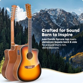 ALLSET 12 String Guitar - Acoustic Electric Guitar Kit For Fingerstyle, Adi Spruce Top Guitarra de 12 Cuerdas with Gig Bag, Picks, Strings, Strap - Sunset Ember