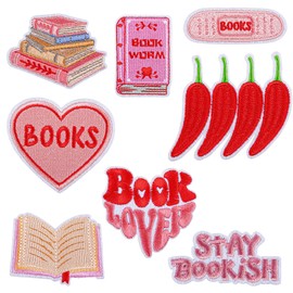 Framendino, 8 Pack Bookish Iron on Patches Pink Style Embroidered Repair for Clothing Jackets Hats Backpacks Jeans