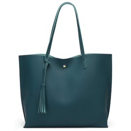 Dreubea Women's Soft Faux Leather Tote Shoulder Bag from, Big Capacity Tassel Handbag, Dark Teal, L