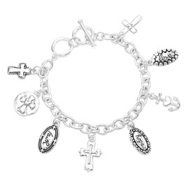Rosemarie & Jubalee Women's Inspirational Religious Charms Crosses With Hope Faith Love Silver Tone Toggle Clasp Bracelet, 7"-8", Metal, no gemstones