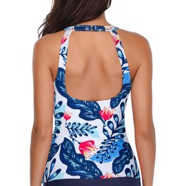 Holipick High Neck Tankini Top Bathing Suit Tops for Women Tummy Control Tank Tops Swimsuits White Blue Floral L