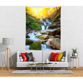 BELECO Autumn Forest Tapestry Mountain Small Waterfall Tapestry Wall Hanging Rock Stones Stream Yellow Trees Scenic Backdrop Nature Tapestry for Bedroom Living Room Dorm Decor 47x70 Inches