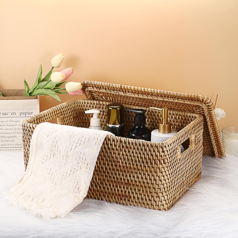 Hipiwe Rattan Basket With Lid Rectangular Lidded Basket Natural Hand-Woven