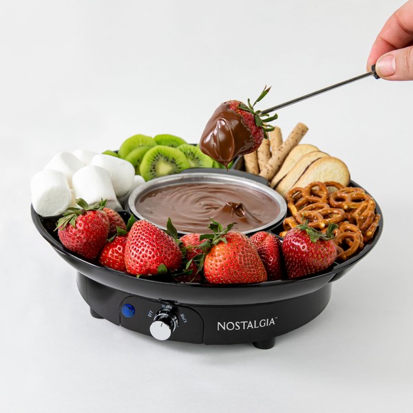 Nostalgia 10-Ounce Electric Fondue Party Set for Melted Chocolate, Cheese, Sauce, or Broth, with 3-Section Food Tray and 4 Dipping Forks, Black