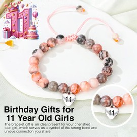 Chuchoter 11 Year Old Girl Birthday Gifts,Pink Zebra Natural Stone Sweet Heart Beaded Bracelets For Girls Daughter Granddaughter Niece Happy Birthday Gifts (11 year old girl)