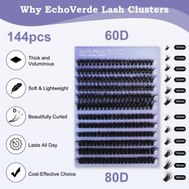 EchoVerde DIY Lash Extension Kit 3D Fluffy,10-16mm Length 60D 80D Lash Clusters Kit. Easy to Use with 2-in-1 Glue,Lash Comb, Tweezers, and Lash Remover for a Natural Drama Look (144pcs,D Curl 0.07D)