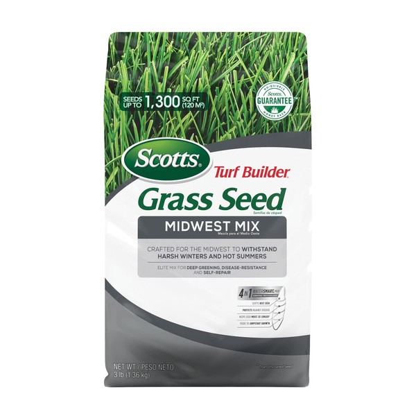 Scotts Turf Builder Grass Seed Midwest Mix - 3 lb., Withstands Harsh Winters and Hot Summers, Mix for Deep Greening, Disease-Resistance and Self-Repair, Seeds up to 1,300 sq. ft.