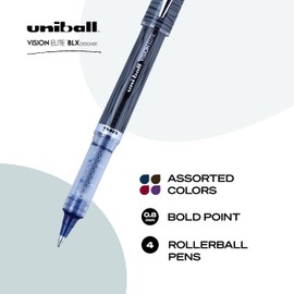 Uniball Vision Elite Designer Rollerball Pens, Assorted Pens Pack of 4, Bold Point Pens with 0.8mm Bold Ink, Ink Black Pen, Pens Fine Point Smooth Writing Pens, Bulk Pens, and Office Supplies