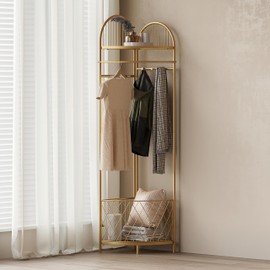 HKaikzo Corner Coat Rack, Gold Clothes Rack with 6 Metal Movable Hooks and Storage Basket Hall Tree Design Clothing Rack for Bedroom Entryway Hallway