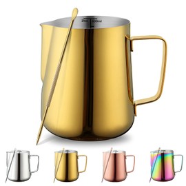 Milk Frothing Pitcher 21oz - 620ml, Kyraton Stainless Steel Espresso Steaming Pitchers with Decorating Pen,Milk Coffee Frother Cups Cappuccino Latte Art Barista Steam Pitchers Milk Jug Cup (Gold)