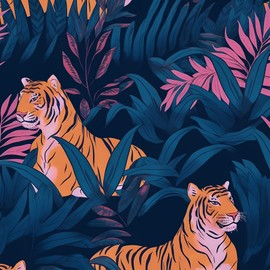 VOLEAAR Retro Peel and Stick Wallpaper Tiger Wallpaper Leaves Contact Paper Peel and Stick Tropical Wall Paper for Living Room Kitchen Cabinet Countertop Blue Pink Removable Self Adhesive 17.5" x 118"