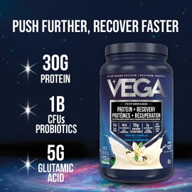 Vega Sport Vegan Protein Powder + Recovery - 30g Plant Based Protein per Serving, Berry, 19 Servings, 5g BCAAs, Probiotics, NSF Certified, for Shakes & Smoothies, 1.8lbs (Packaging May Vary)