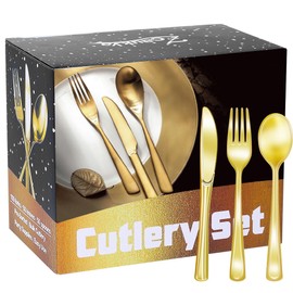 Zcaukya 200 Pieces Gold Plastic Silverware Set, 100 Forks, 50 Knives, 50 Spoons, Heat-resistance PS Disposable Cutlery Set Eating Implements Flatware in Bulk for Dinner, Weddings and Birthday Parties